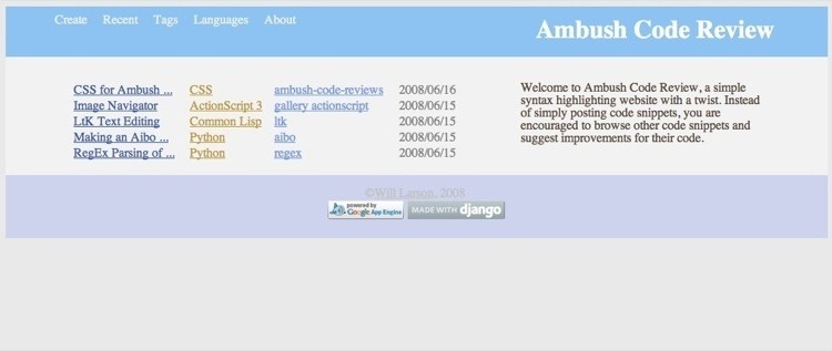 A picture of AmbushCodeReview.com's front page.