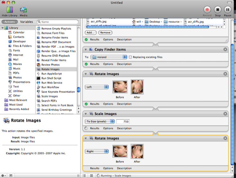 A picture of an Automator workflow for horizontally scaling images.