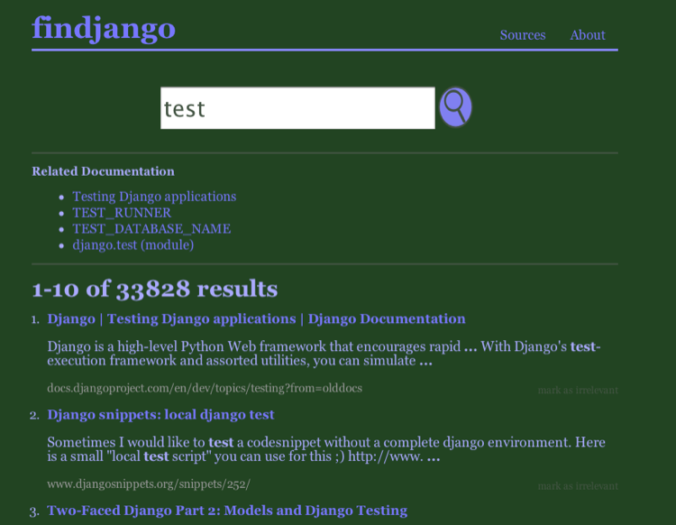 The first iteration of the Findjango SERP.