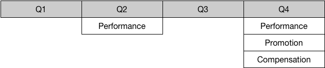 A one by four grid, with a box for each quarter, showing performance cycles happening in Q2 and Q4 but not Q1 or Q3.