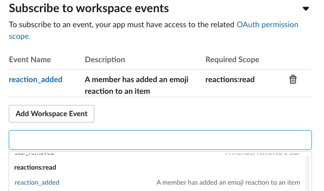 Adding reaction_added event to Event Subscriptions