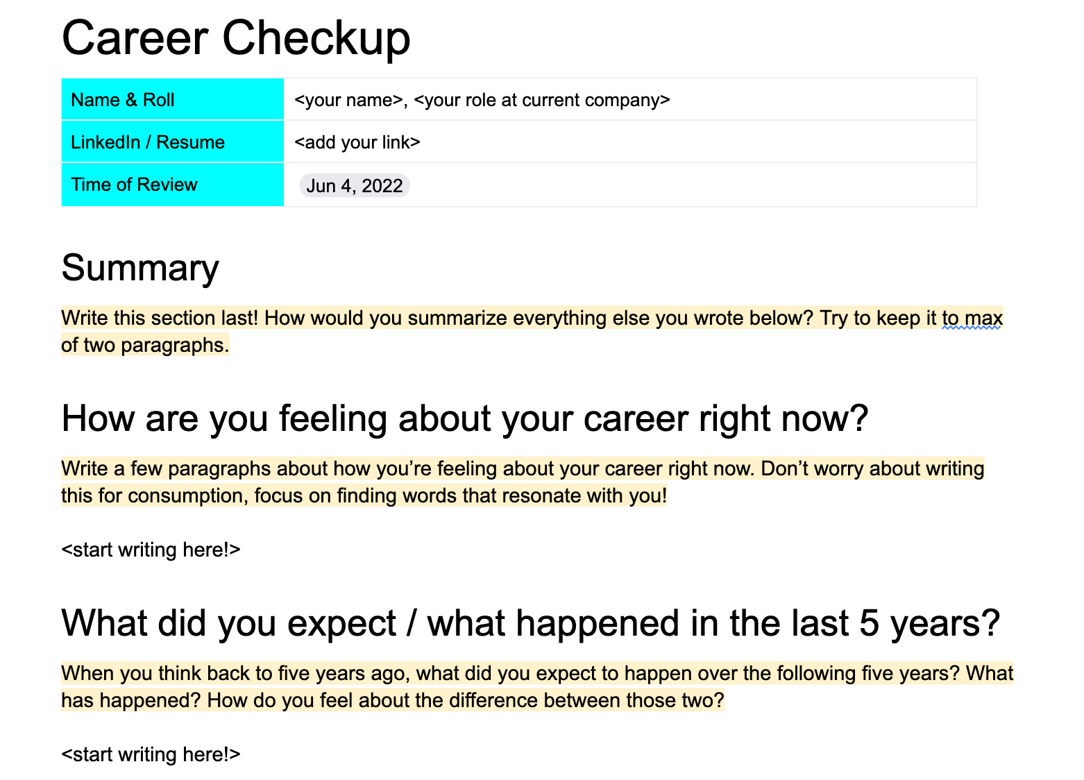 Screenshot of career checkup template on Google docs.