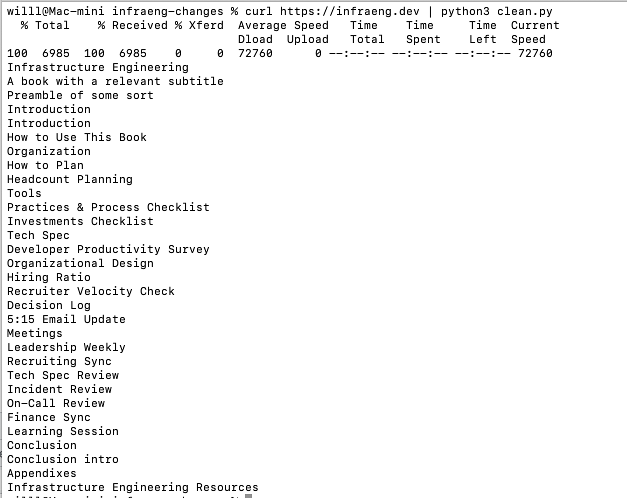 Output of script to extract table of contents