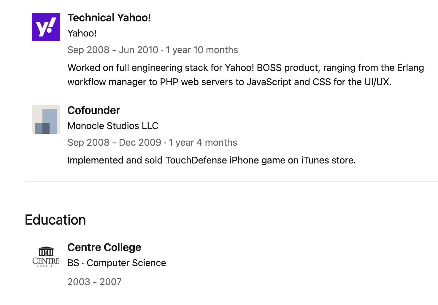 Screen shot of my oldest jobs with very short descriptions