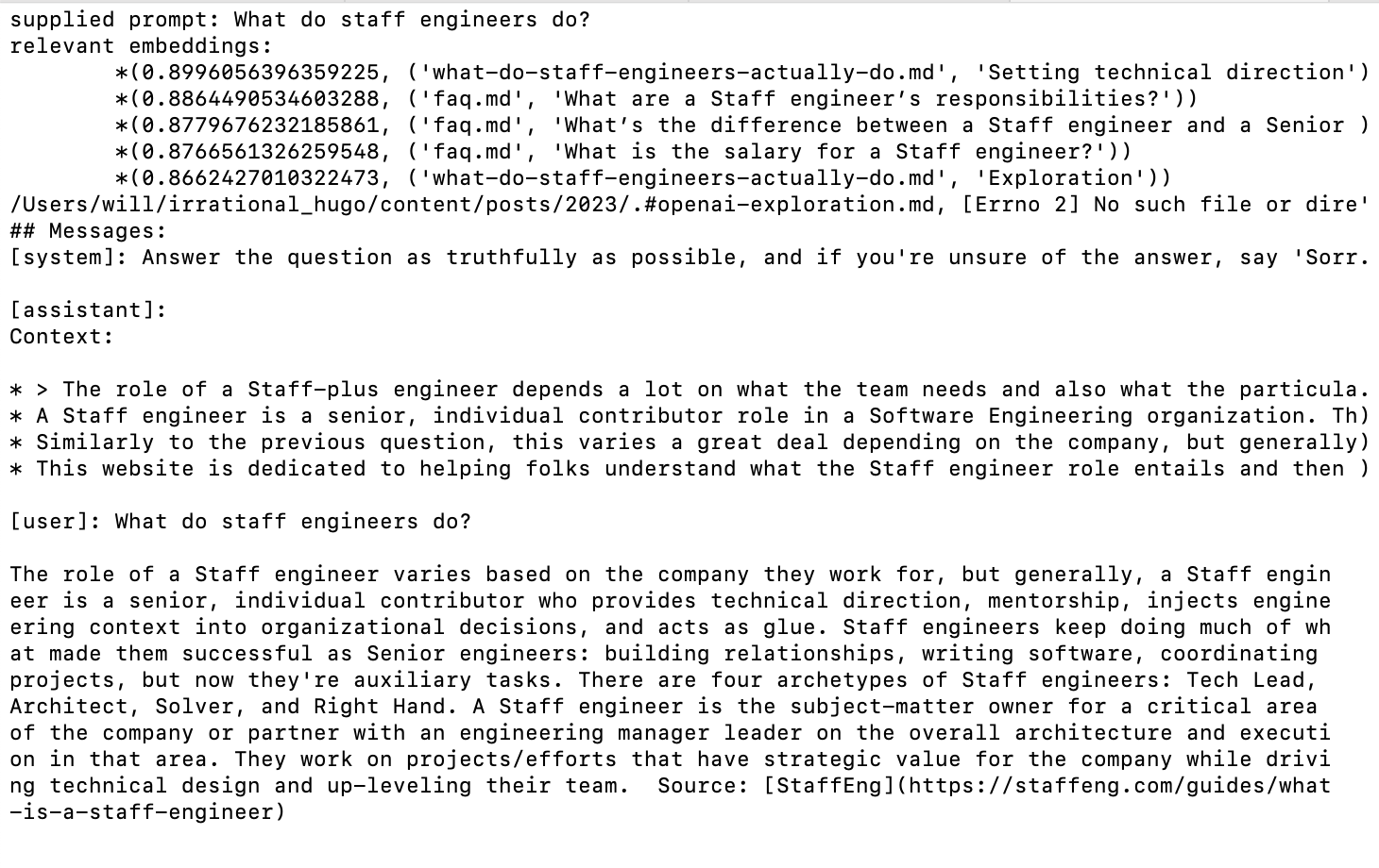Screenshot of terminal program running Github lethain/openai-experiment