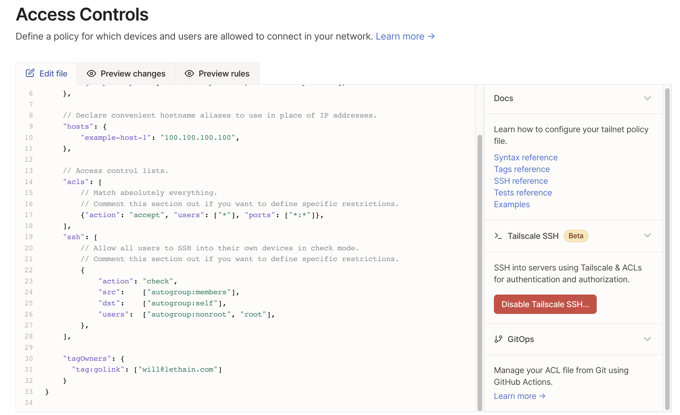 Screenshot of Tailscale’s policy editor UI