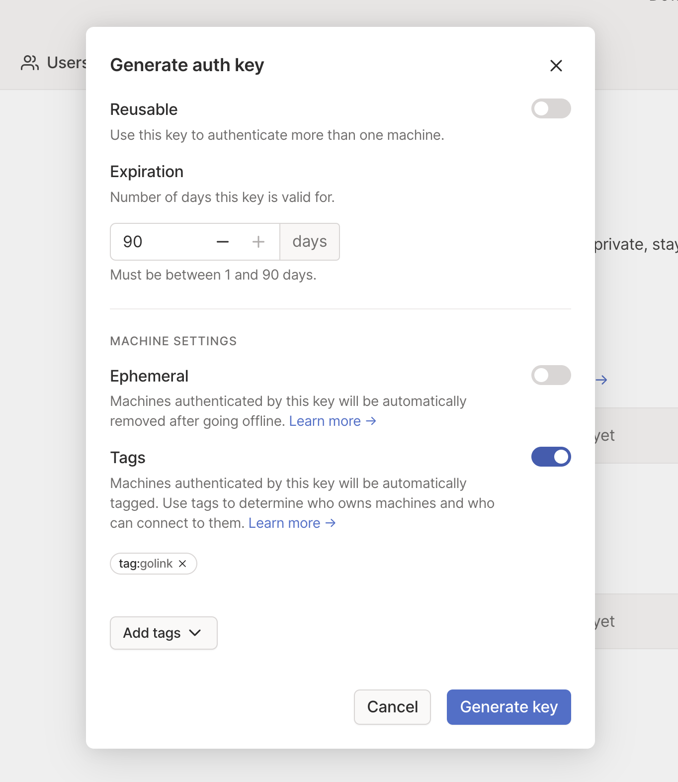 Screenshot of Tailscale’s auth key UI