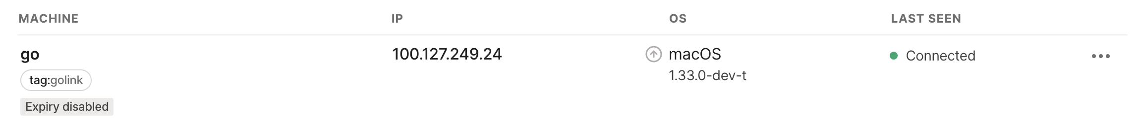 Screenshot of machine on the Tailscale Machines list with a tag and key expiry disabled