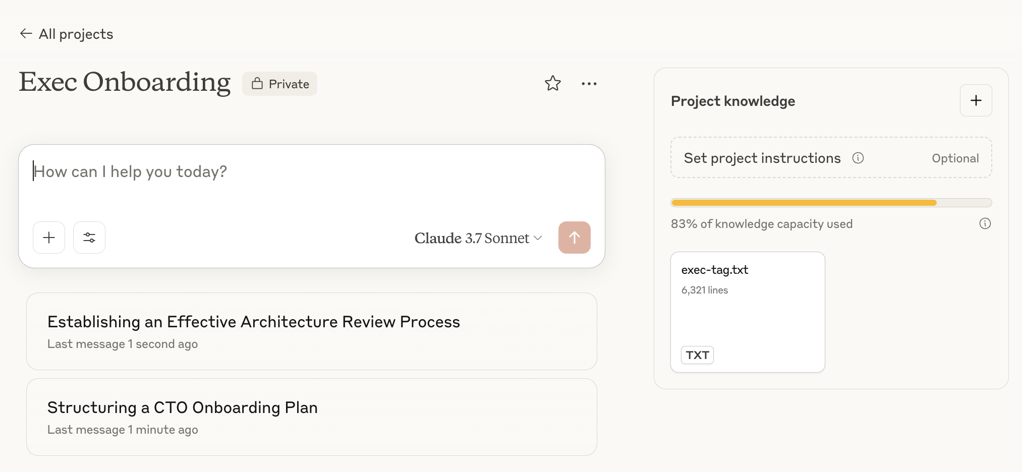Setup of “executive onboarding” project in Claude