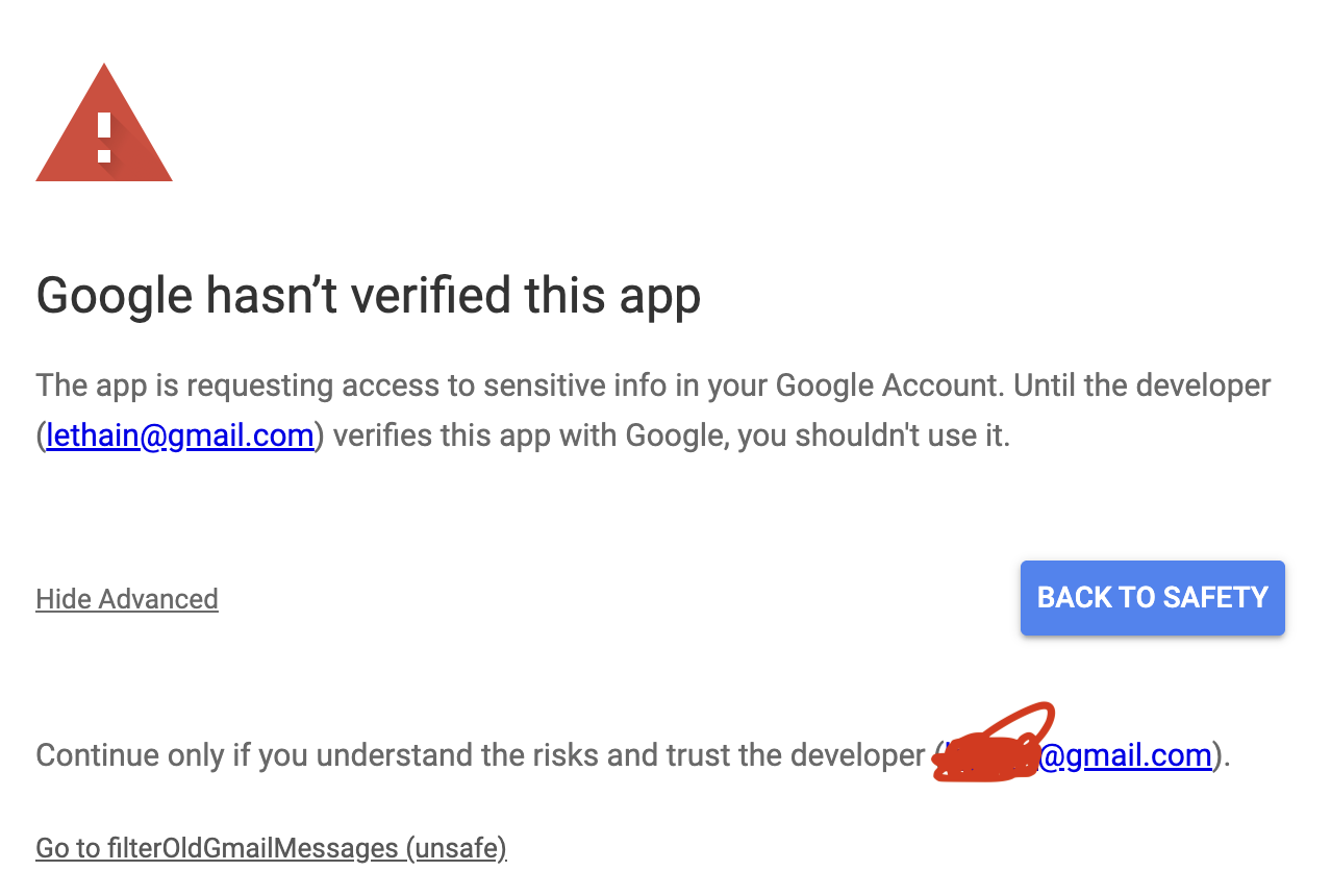 The image displays a warning that Google hasn’t verified a specific app, advising users not to use it until the developer verifies it with Google due to its request for sensitive account information. Users have the option to return to safety or proceed with caution if they trust the developer.