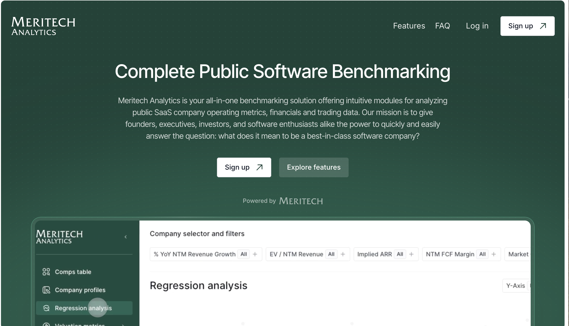 The image shows a webpage for Meritech Analytics, which offers a public software benchmarking solution with features for analyzing SaaS company metrics. It includes options to sign up or explore features, and provides tools like regression analysis for users.