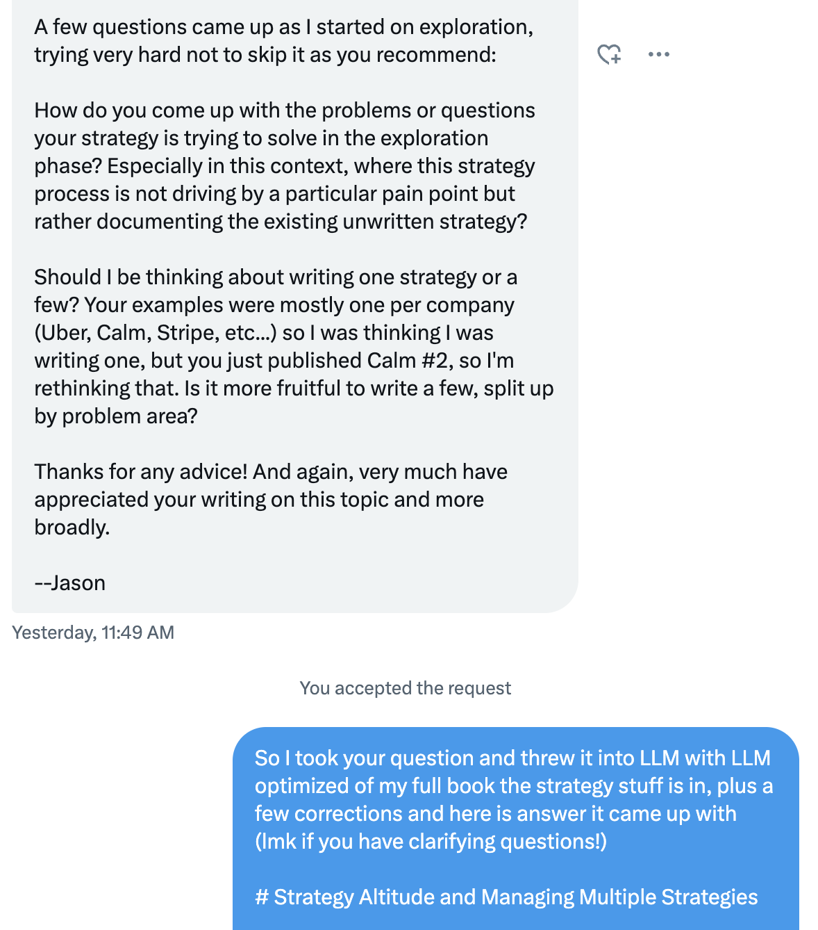 The image shows a message exchange where a person named Jason asks for advice on determining problems for strategy exploration and whether to write one or multiple strategies. The response notes that Jason’s query was used to generate an answer through a language model, with suggestions for managing multiple strategies.