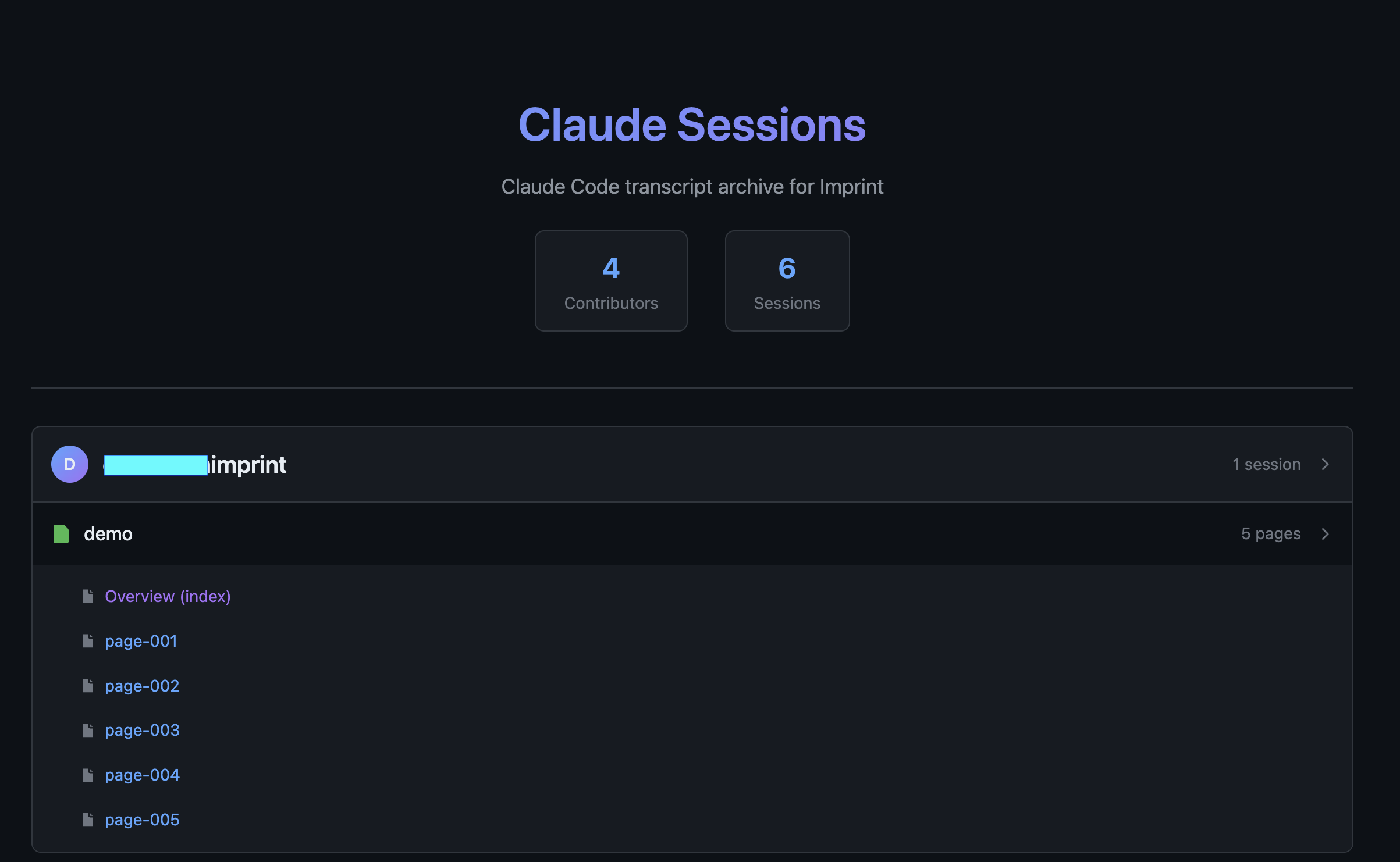 Claude Sessions index showing transcript archive with contributors and sessions