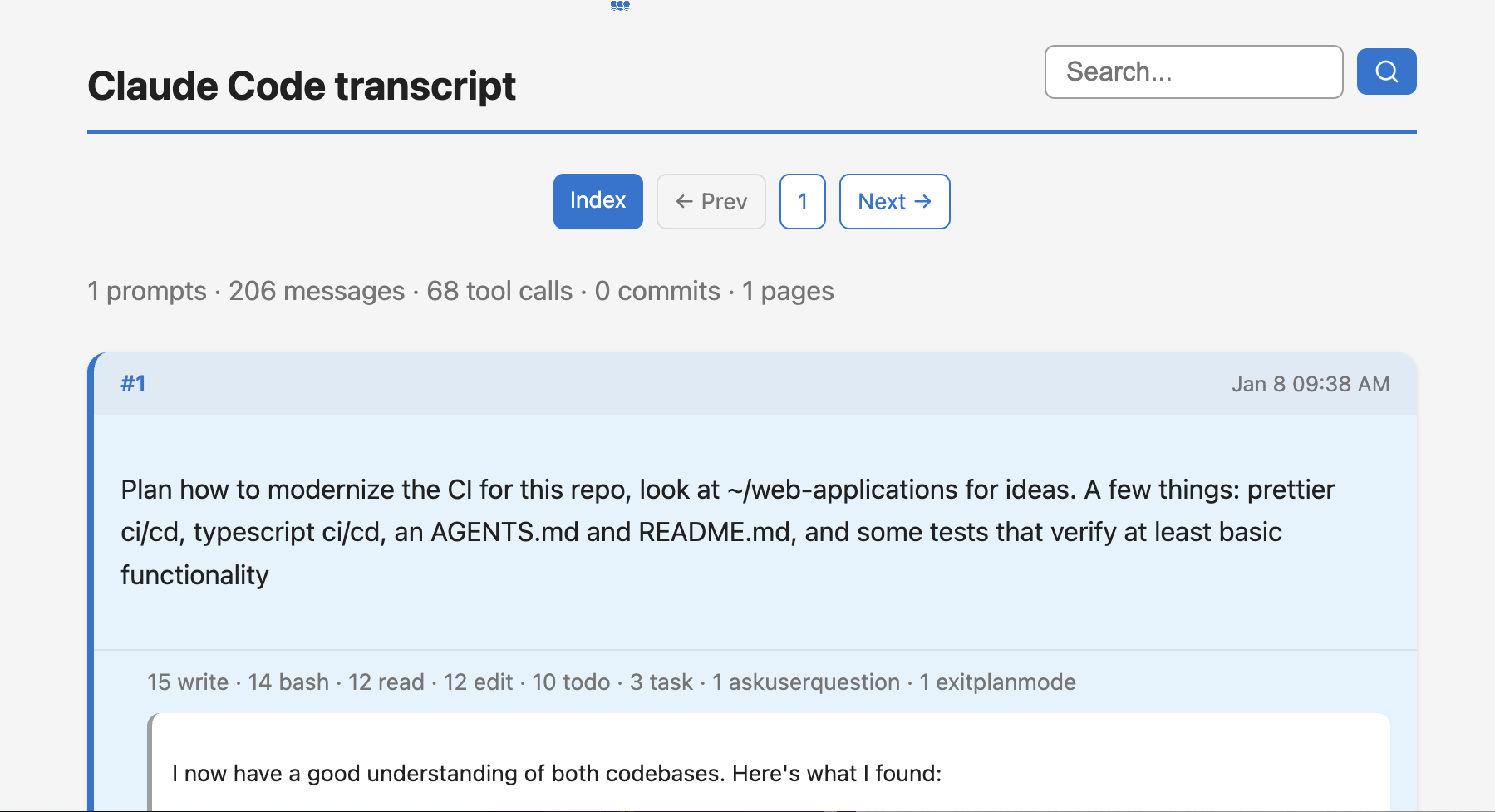Claude Code transcript detail view showing prompts, messages, and tool calls