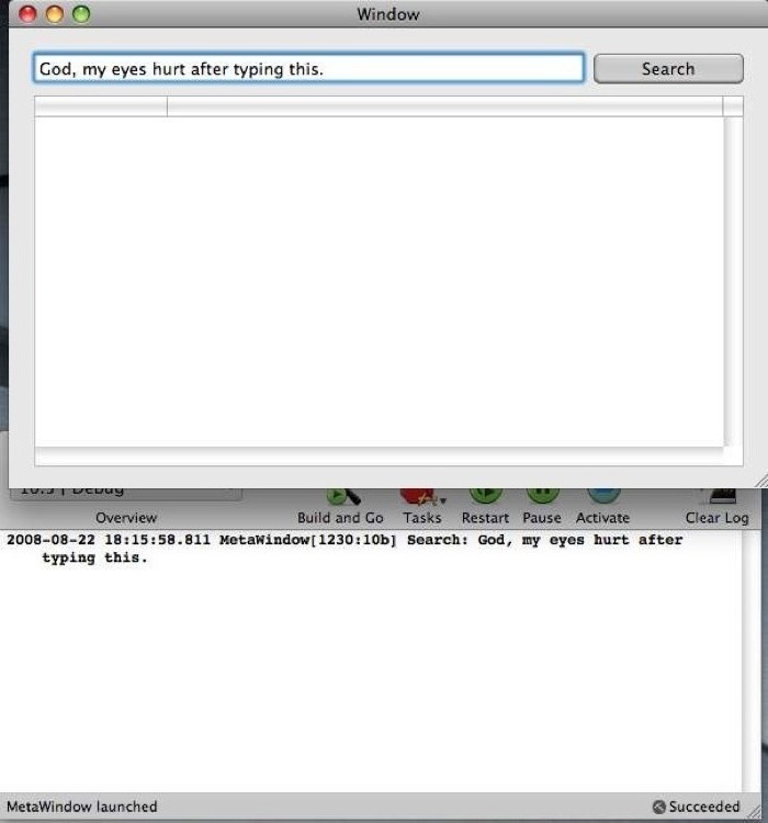 A picture of a debug console window running under an app built in XCode.