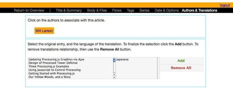 Picture of LifeFlow Editor's authors & translations screen.