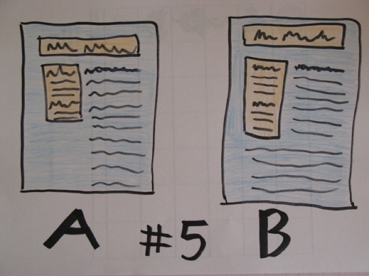 Two webpage layouts, labeled with an A and a B.