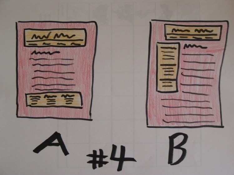Two webpage layouts, labeled with an A and a B.