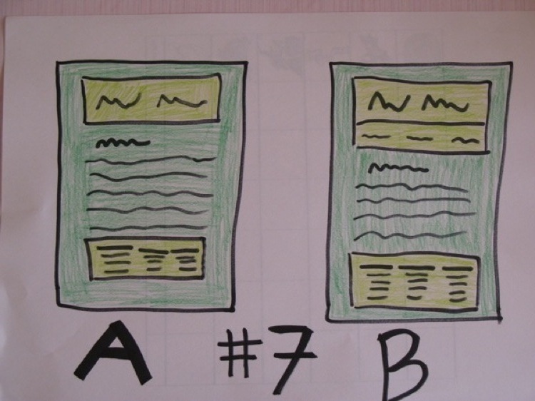 Two webpage layouts, labeled with an A and a B.