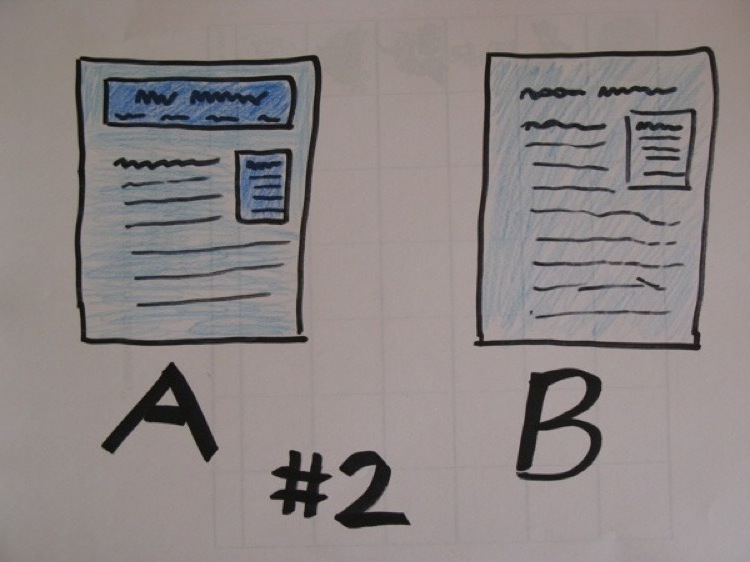 Two webpage layouts, labeled with an A and a B.