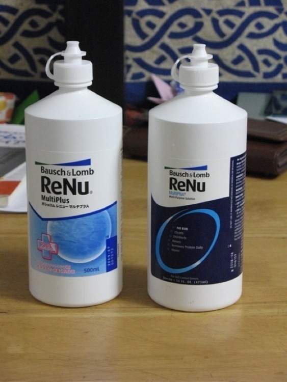 A bottle of Renu contact cleaning solution