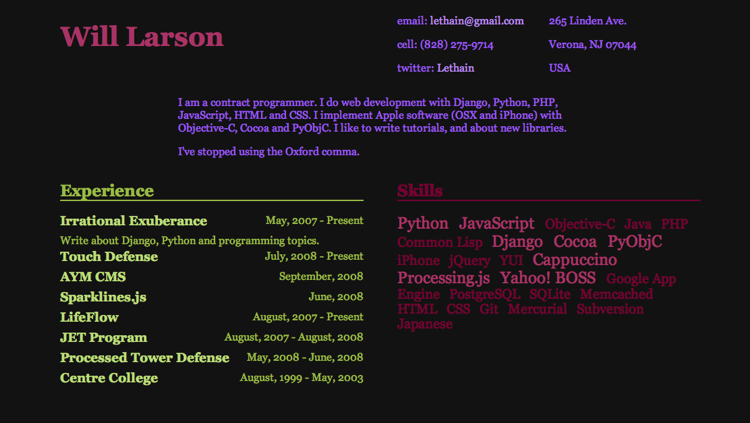 A picture of a site created with the Resume Interactivity Provider.