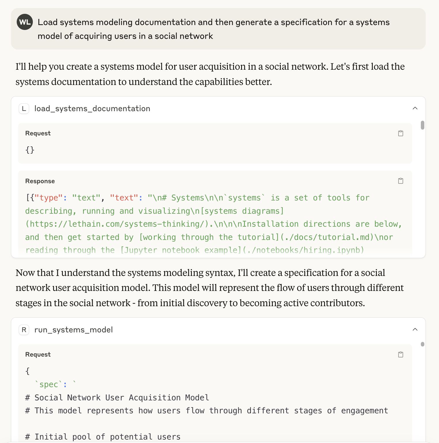 The image contains text and code snippets related to creating a systems model for user acquisition in a social network. It includes a brief description of systems modeling tools and a specification for modeling user flow from initial discovery to active contribution within the network.